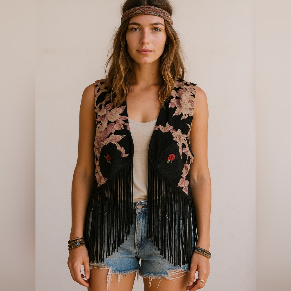 Vintage Style Floral Tapestry Fringe Vest Black Pink Crochet Heart Detail Boho